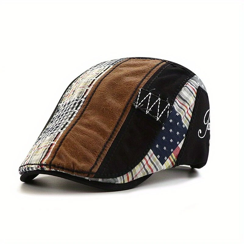 Collrown British Style Men's Beret Cap with Stitching Plaid Pattern Vintage Peaked Cap for Autumn Winter Mens Flat Hat Newsboy Cap (image for) Collrown British Style Men's Beret Cap with Stitching Plaid Pattern Vintage Peaked Cap for Autumn Winter Mens Flat Hat Newsboy Cap
