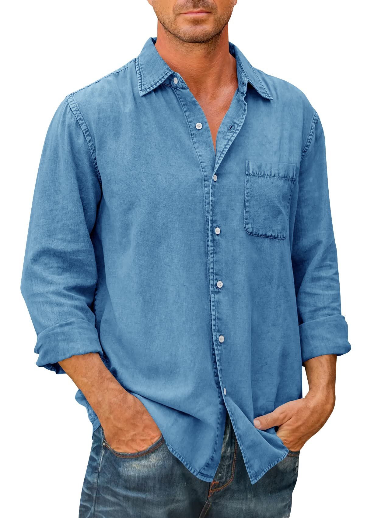 (image for) 🔥Mens Denim Long Sleeve Button Down Shirt