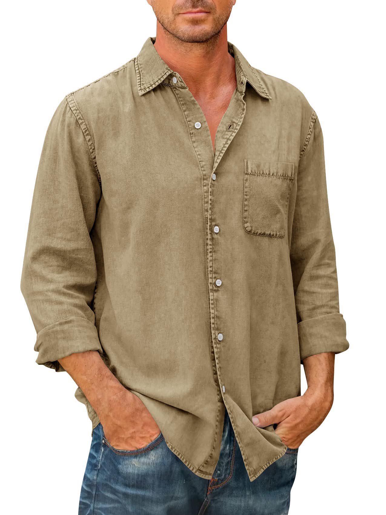(image for) 🔥Mens Denim Long Sleeve Button Down Shirt
